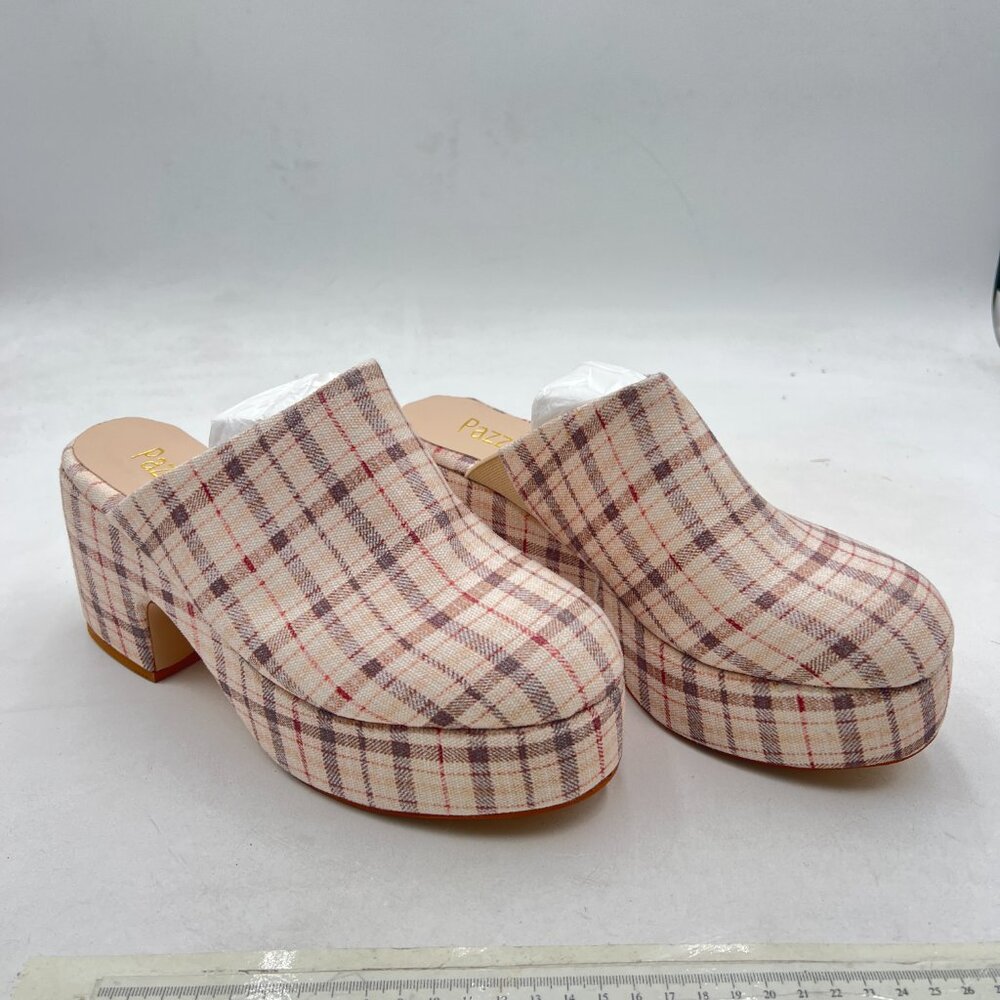Pazzion Khaki Plaid Platform Rounded Toe Mules Clogs Slip On Chunky Heel Slipper - Picture 4 of 8